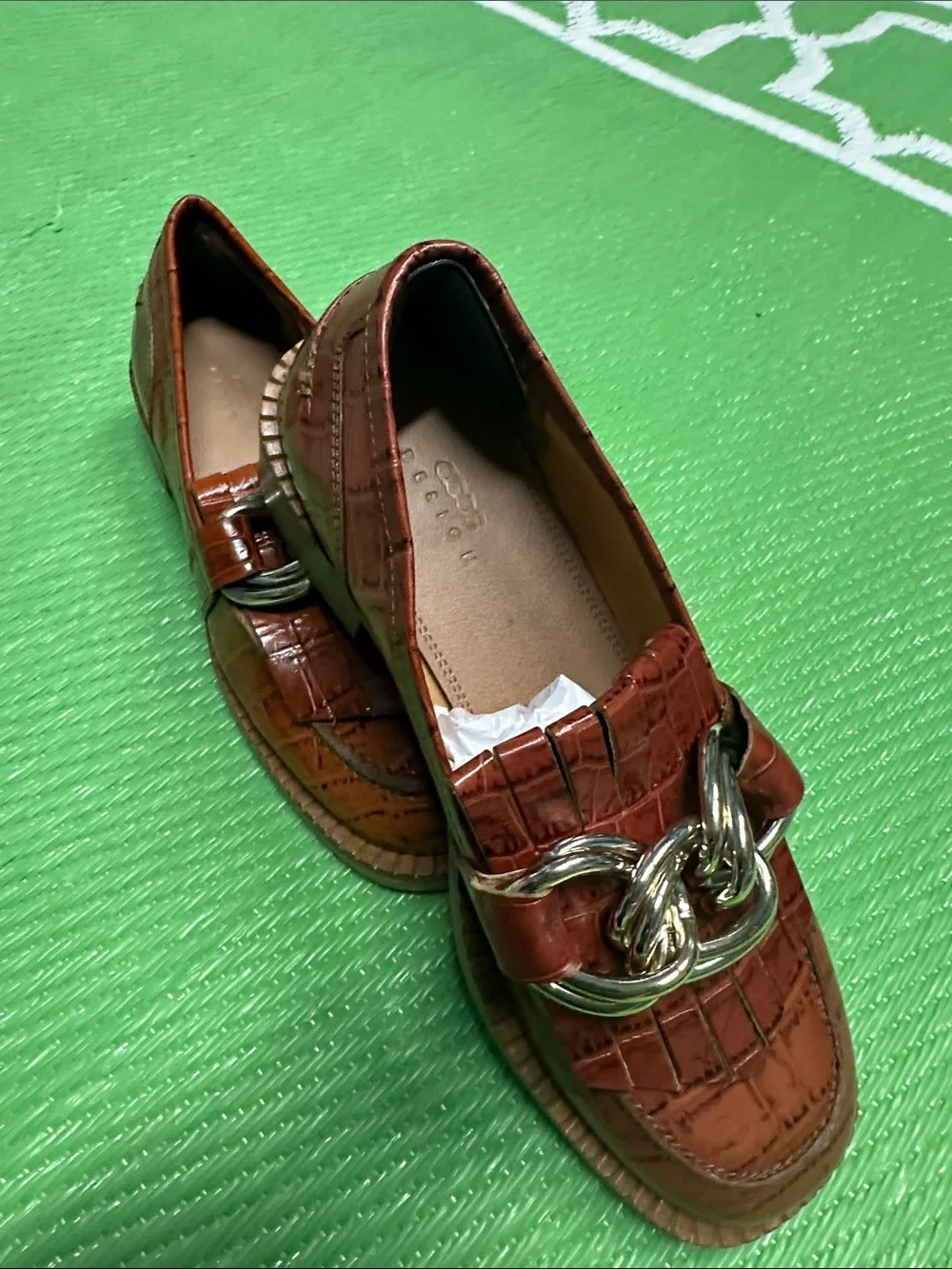 ASOS Brown Croc-Embossed Kids Loafers with Chunky Silver Chain